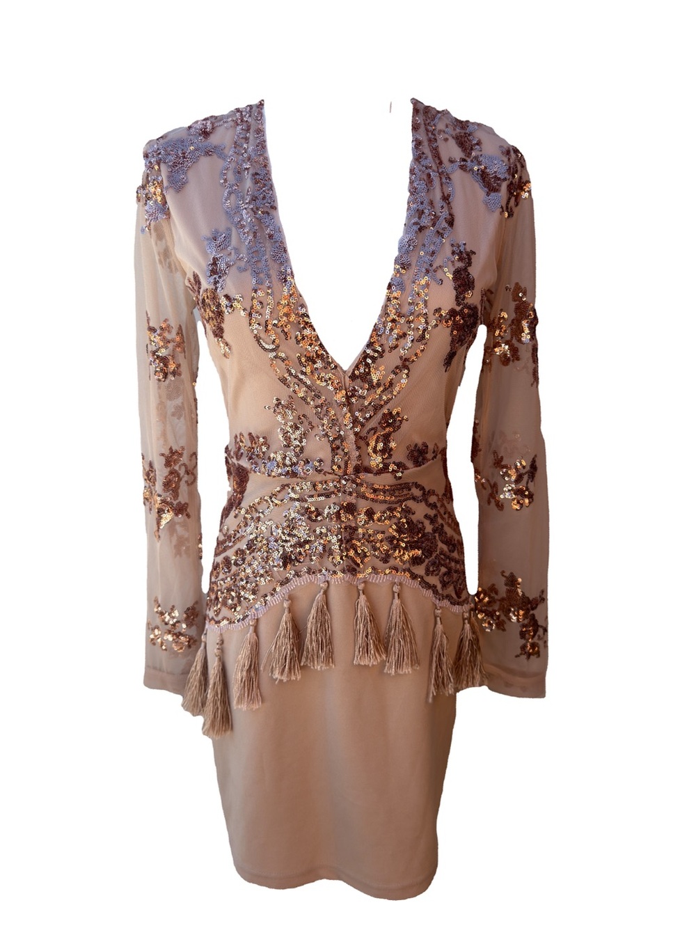 Nasty Gal Sheer Sequin Tassel Mini Dress Deep V Long Sleeve Sz 4 - Picture 12 of 12